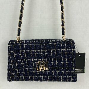 Badgley Mischka Purse Navy Blue Textured Messenger Bag Crossbody Gold Accents